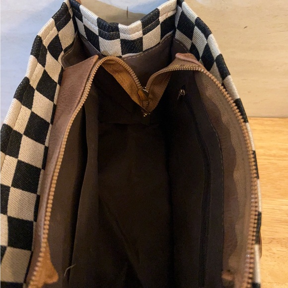 Elegant Canvas Checkered Crossbody with Top Handles Tan Leather - Picture 12 of 12